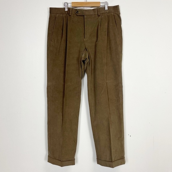 Lauren Ralph Lauren Corduroy Dress Pants Mens 34 x 30 Brown Pleated Cotton Blend - Picture 1 of 7